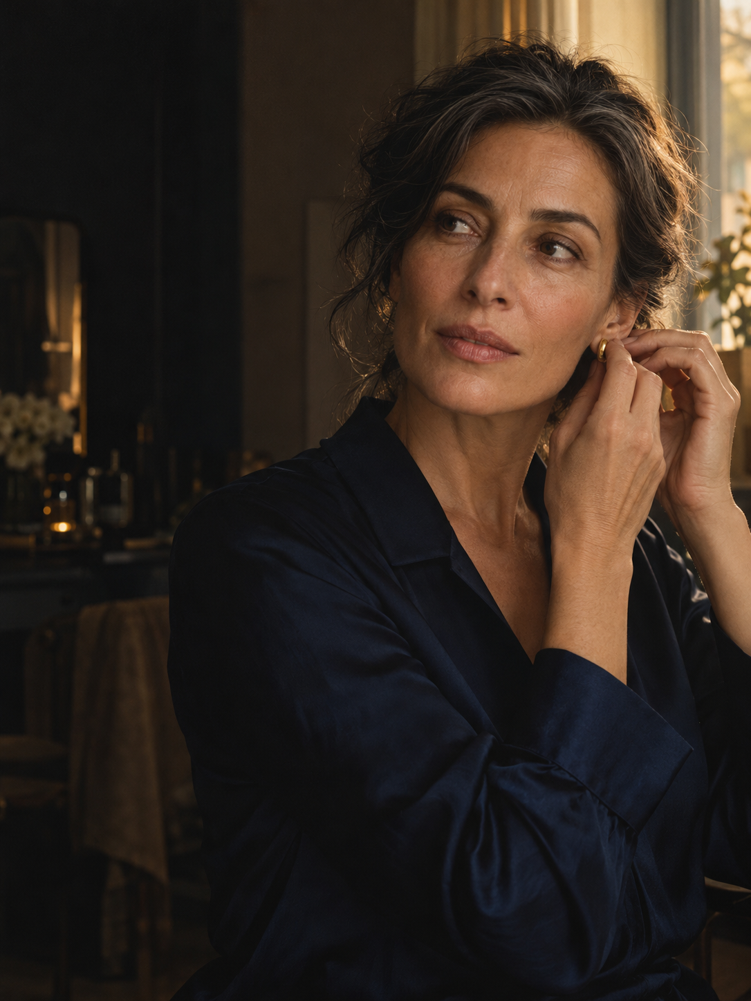 An illustrative portrait of a woman in a blue shirt securing a gold earring.